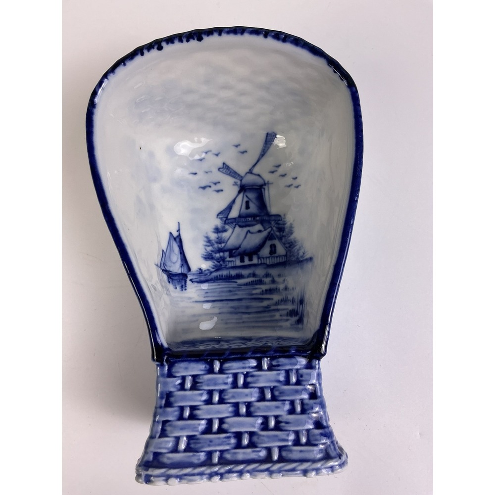 Blue White Delft Style Ceramic Wall Pocket Windmill Dutch Basket Vase